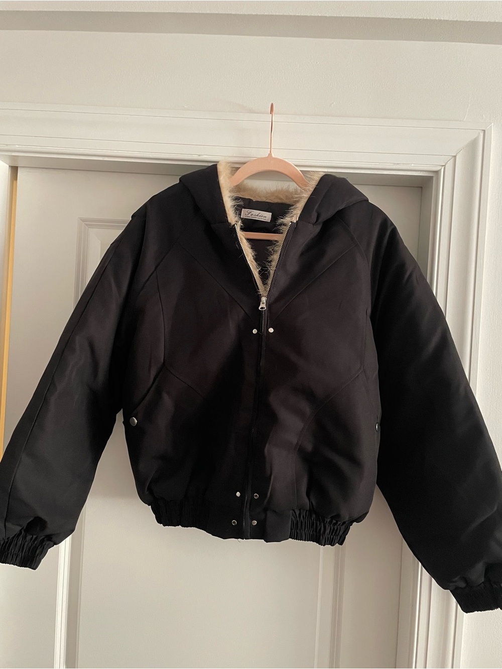 Women's Black Hooded Bomber Jacket with Faux-Fur Trim and Hood